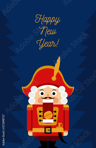 New year greeting card with nutcracker and Christmas trees