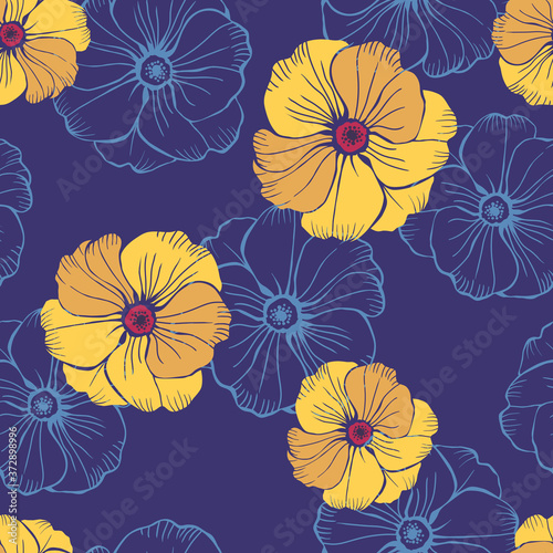 Seamless vector floral pattern  dark blue background