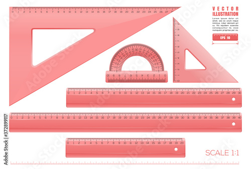 Red plastic transparent measuring rulers set. Triangle rulers, measuring rulers of different sizes and protractor. Collection of millimeter rulers in a scale of 1 to 1. Realistic vector illustration
