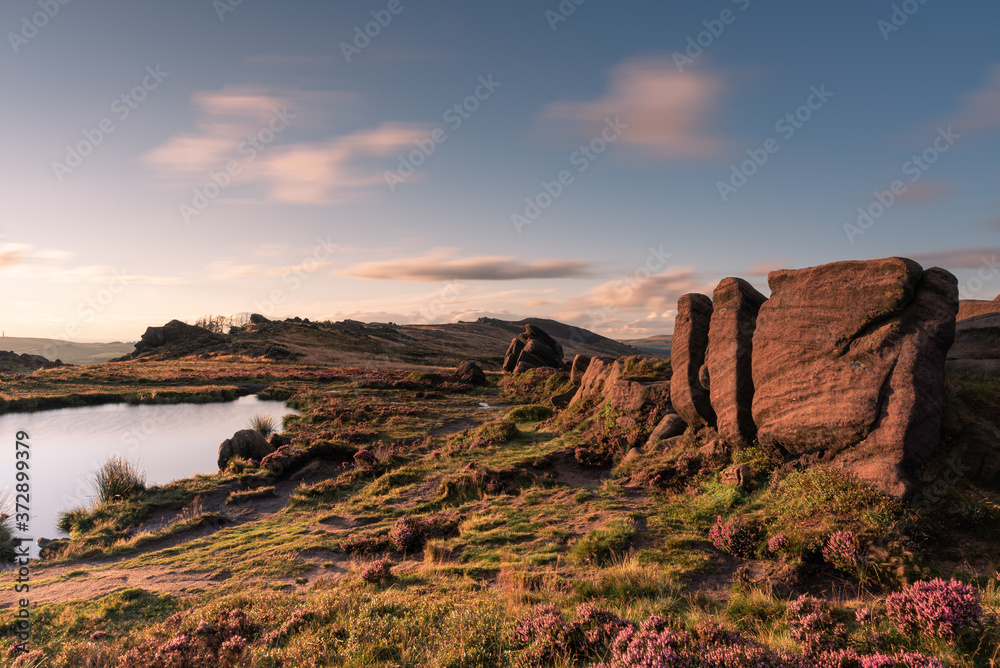 Panoramic view of The Roaches at sunset in the Peak District National Park.