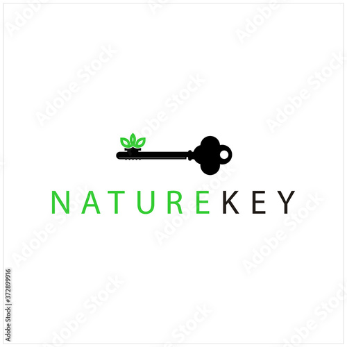 Vintage Skeleton Nature Key silhouette door key with crown green leaf logo design