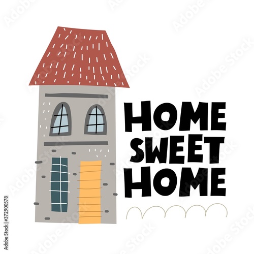 home sweet home. cartoon house, hand drawing lettering. colorful illustration for kids, flat style. typography font, phrase. baby design for cards, t-shirt print, poster