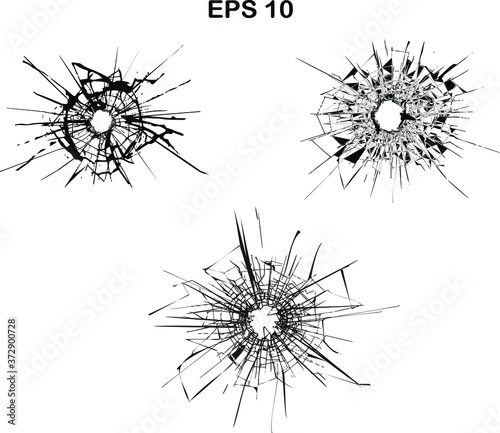 Set of broken glass  cracks  bullet marks on glass. High resolution. You can easy change colors or sizes.