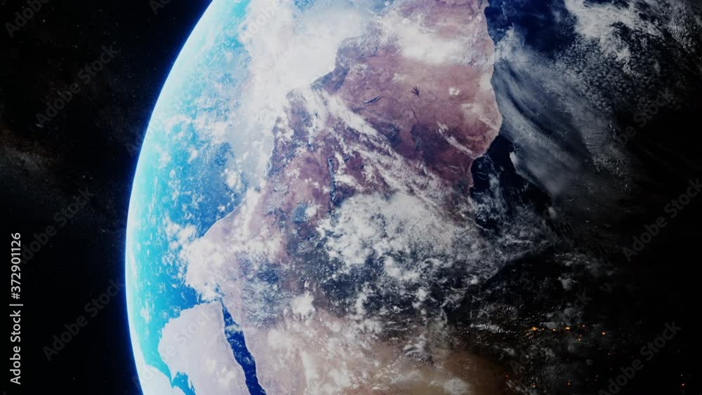 Planet earth from the cosmos close up shot. 3D render animation. NASA images. World globe global environment in stars galaxy cosmos, science universe exploration of atmosphere astronomy
