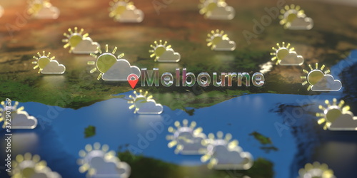 Partly cloudy weather icons near Melbourne city on the map, weather forecast related 3D rendering