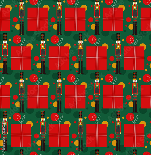 Christmas seamless pattern with nutcracker, gifts and ornaments