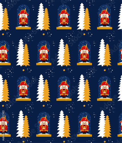 Christmas seamless pattern with nutcracker and ornaments