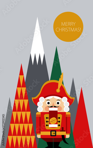 Christmas greeting card with nutcracker and abstract landscape composition