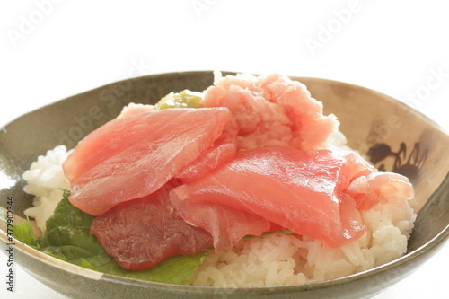 Japanese food, tuna fish maguro on rice with wasabi