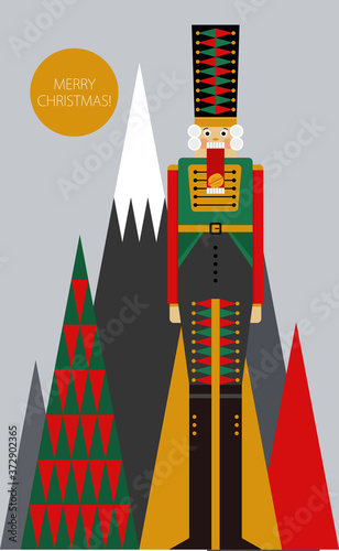 Christmas greeting card with nutcracker and abstract landscape composition