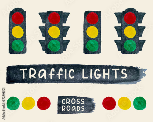 Traffic lights watercolor design template infographics poster. Illustration set traffic lights with all three colors: red, yellow and green lights. Hand drawn graphic drawing, cutout clipart elements.