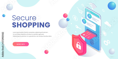 Secure online shopping isometric concept. Safe mobile cashless payments, 3d smartphone with credit card, shield, fingerprint access. Online payment protection, e-pay vector for web, mobile app, advert