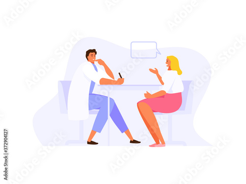 Female patient complains to the doctor. Treatment and medical service vector illustration