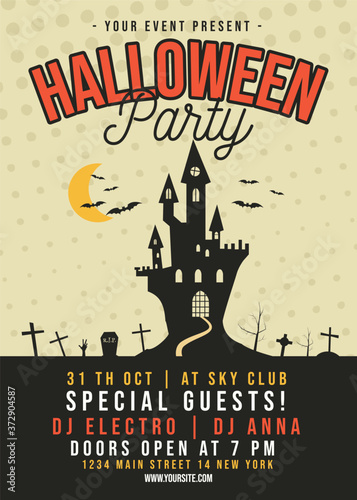 Halloween party flyer. Trending autumn holiday banner poster with castle and bats and cemetery. Modern template, musical DJ design. Stock vector banner illustration