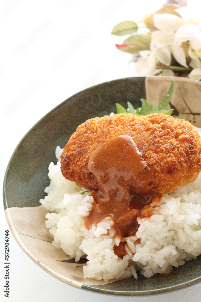 Japanese food, crab cream croquette and curry rice Japanese food, crab cream croquette and curry rice