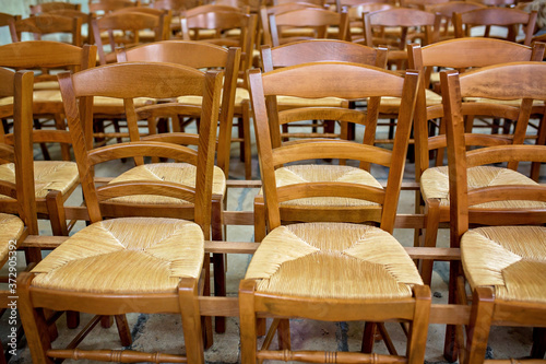 Empty chairs in a catherdals after coronavirus, churches closed and reopen and no people