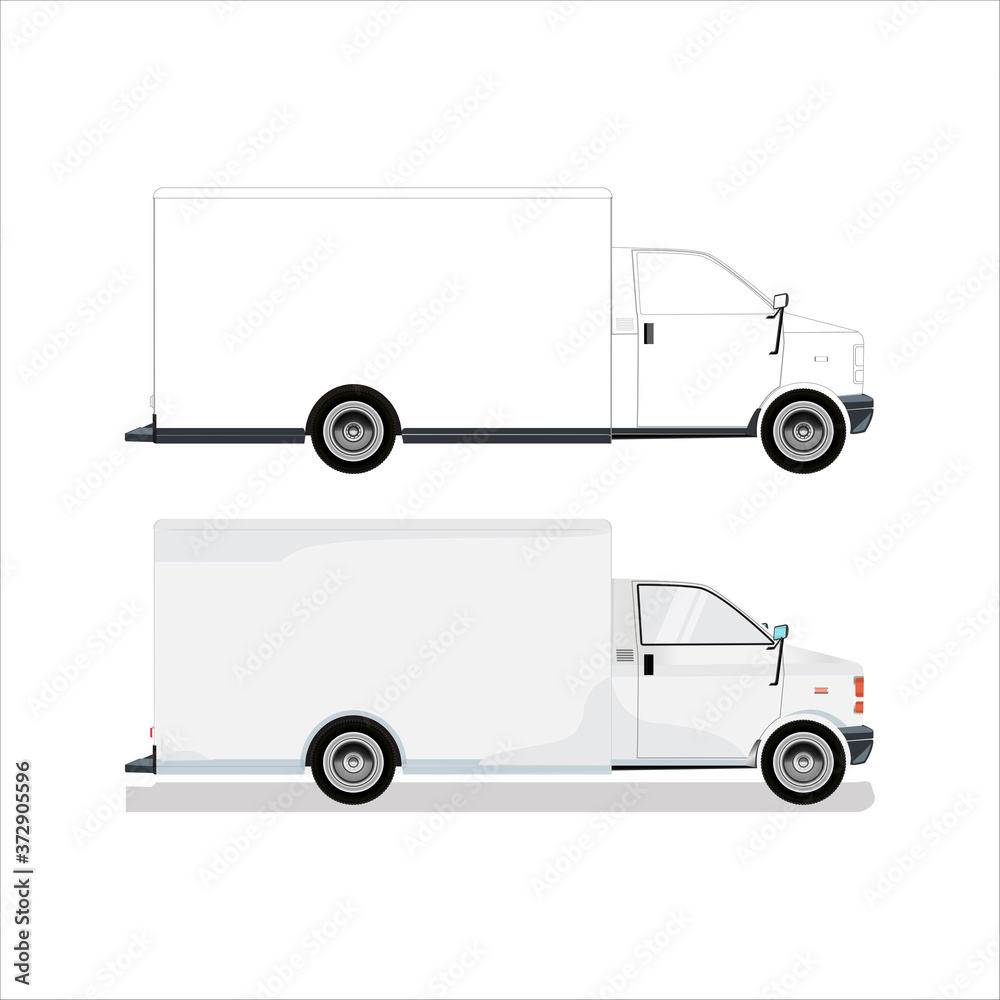 White truck. Delivery service. Side view. goods, delivery, transportation. Fast service truck.
