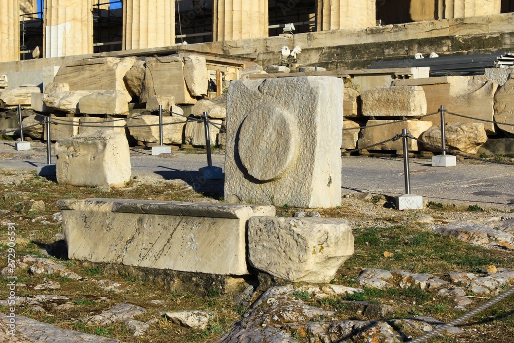 Greece, Athens, June 16 2020 - Pieces of marble at the archaeological site of Acropolis hill. Greece, Athens, June 16 2020 - Pieces of marble at the archaeological site of Acropolis hill.