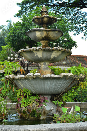 Decorative outdoor garden water fountain with growing plants