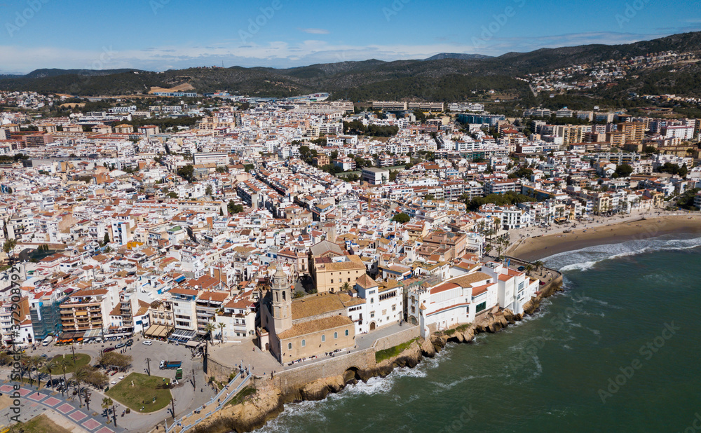 Image of aerial view of mediterranean resort town Sitges, Spain