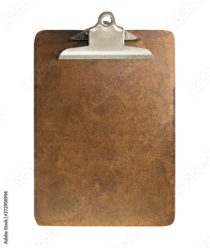 Well used old clipboard, isolated on white. Vintage clipboard. photo