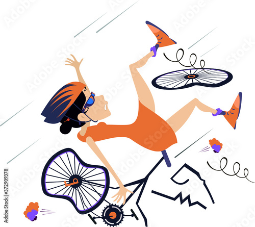 Cyclist falling down from the bicycle isolated illustration. Cyclist woman falling down from the bicycle isolated on white illustration
