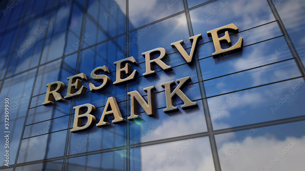 Reserve Bank glass skyscraper with mirrored sky 3d illustration