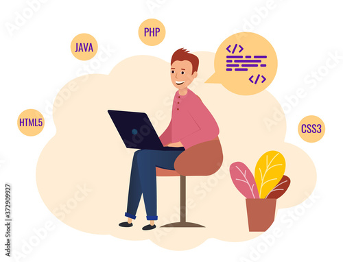 Programmer sitting with laptop and working. Writes code to create a website in the programming language. Illustration of the concept of universal programmer.