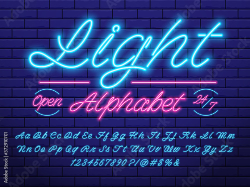 Glowing neon light alphabet design with uppercase, lowercase, numbers and symbols