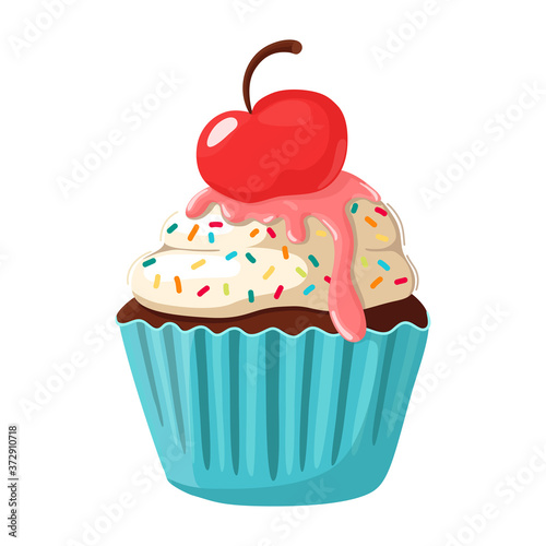 Delicious cupcake with cherries and colorful sprinkles.Vector illustration of chocolate muffin with cream isolated on white background.Pastel colors.
