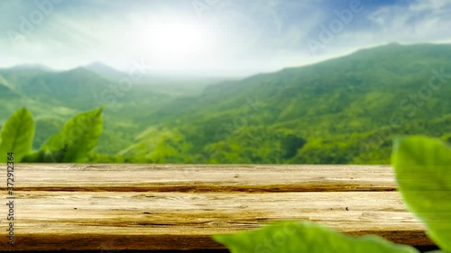 Desk of free space and green leaves 