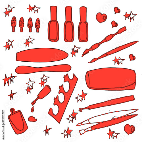 clip art in pink in a nail manicure set, stars, a jar of nail polish, examples with nail drawings, nail files, nail tools, in the amount of 13 pieces: varnish, vector, illustration, illustrator, girls