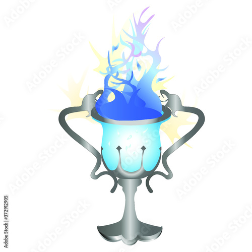 Silver cup with blue flame on a white background. Vector illustration