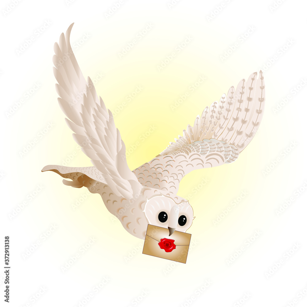 Obraz premium A magical white owl flies and delivers a letter