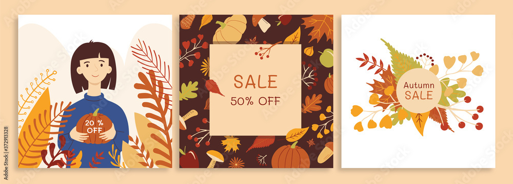 Set of cute autumn sale illustration for banner, poster, card, flyer. Cartoon hand drawn.