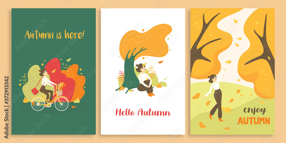 Set of cute autumn illustrations. Girl enjoy a warm autumn day. Vector cartoon banner, card, flyer, poster