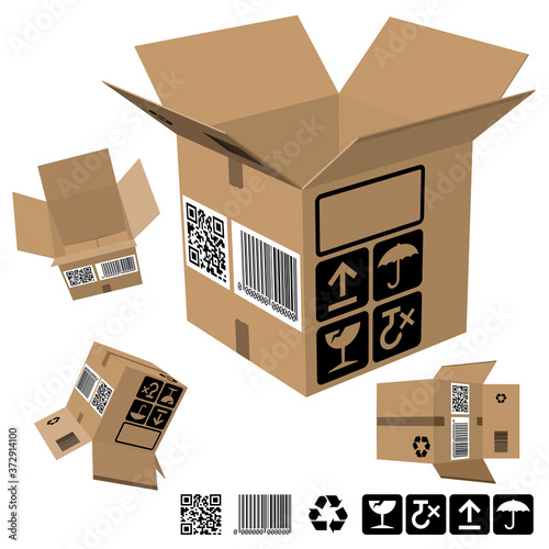 A collection of 4 views of a Corrugated Cardboard Packaging Boxes. Includes - 5 packaging symbols, a Barcode and QR Code Label. The symbols and Icons are also repeated at the base of the illustration.