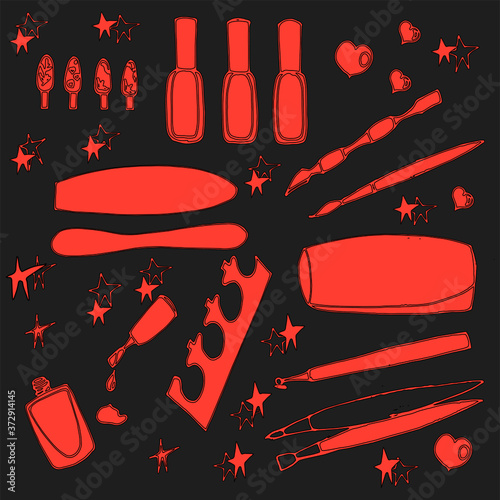 clip art on gray in pink color in a nail manicure set, stars, a jar of nail polish, examples with nail drawings, nail files, manicure devices, in the amount of 13 pieces: varnish, vector, illustration