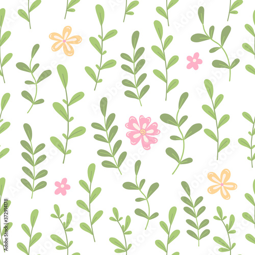Seamless pattern with pink and yellow flowers  green branches.