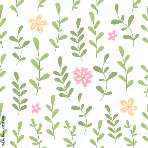 Seamless pattern with pink and yellow flowers, green branches.