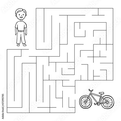 Maze with boy, bike. Educational children game.