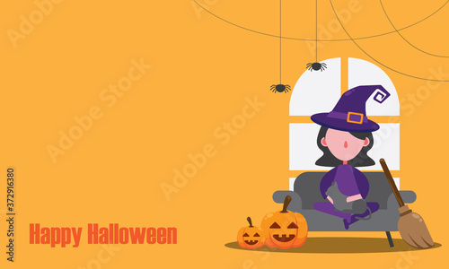 flat cartoon vector of Halloween background card with witch, pumpkins and orange background