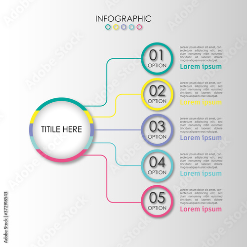 Vector infographic with 5 option with colorful circle structure. Simple diagram for detailed presentation and business plan. 