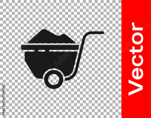 Black Wheelbarrow with dirt icon isolated on transparent background. Tool equipment. Agriculture cart wheel farm. Vector Illustration.