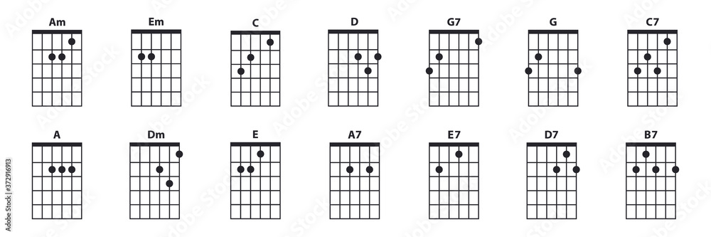 Guitar chords icon set. Guitar lesson vector illustration isolated on white. Basic chords am, em, c, d, g, g7, c7, a, a7, dm, e, e7, d7, b7 collection. Tabulation. - obrazy, fototapety, plakaty 
