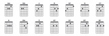 Guitar chords icon set. Guitar lesson vector illustration isolated on white. Basic chords am, em, c, d, g, g7, c7, a, a7, dm, e, e7, d7, b7 collection. Tabulation.