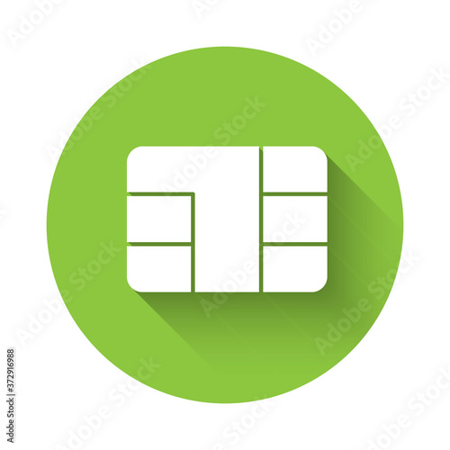 White Credit card with chip icon isolated with long shadow. Contactless payment. Green circle button. Vector Illustration.
