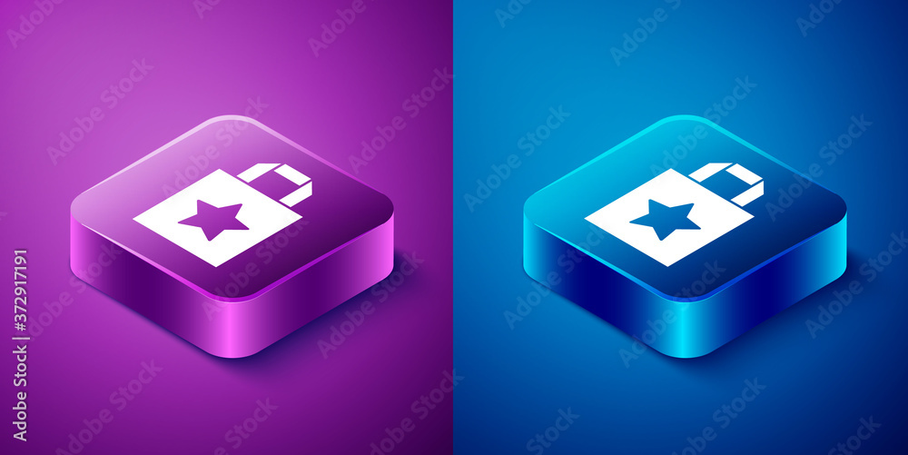 Isometric Paper shopping bag icon isolated on blue and purple background. Package sign. Square button. Vector Illustration. Isometric Paper shopping bag icon isolated on blue and purple background. Package sign. Square button. Vector Illustration.