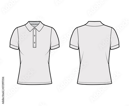 Polo shirt technical fashion illustration with cotton-jersey short sleeves, oversized, buttons along the front. Flat outwear apparel template front, back, grey color. Women men unisex top CAD mockup
