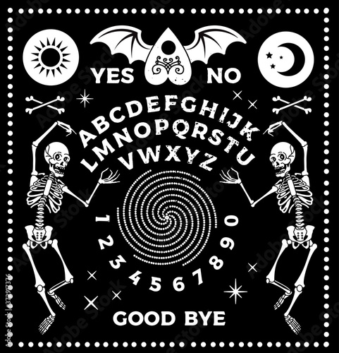 Ouija Board With Skeletons. Occultism Set. Vector Illustration.